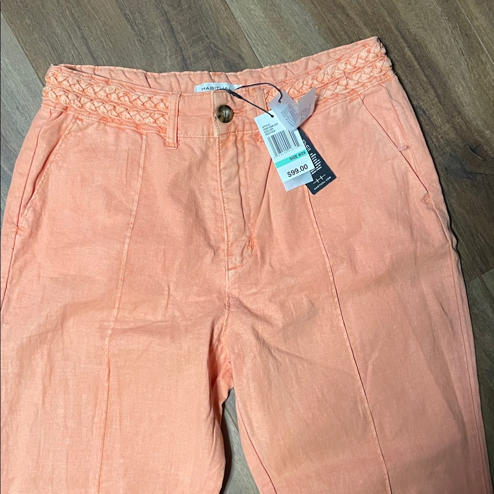 Habitual Linen Blend Kick Crop Pants Peach Whip Braided Waistband Size 8/29 NWT
